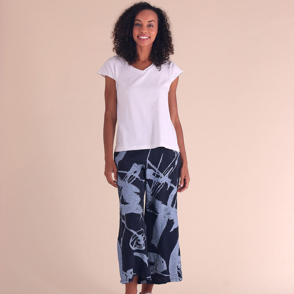 Ink Pattern Linen Flat Front Crop Pant with Adjustable Waist