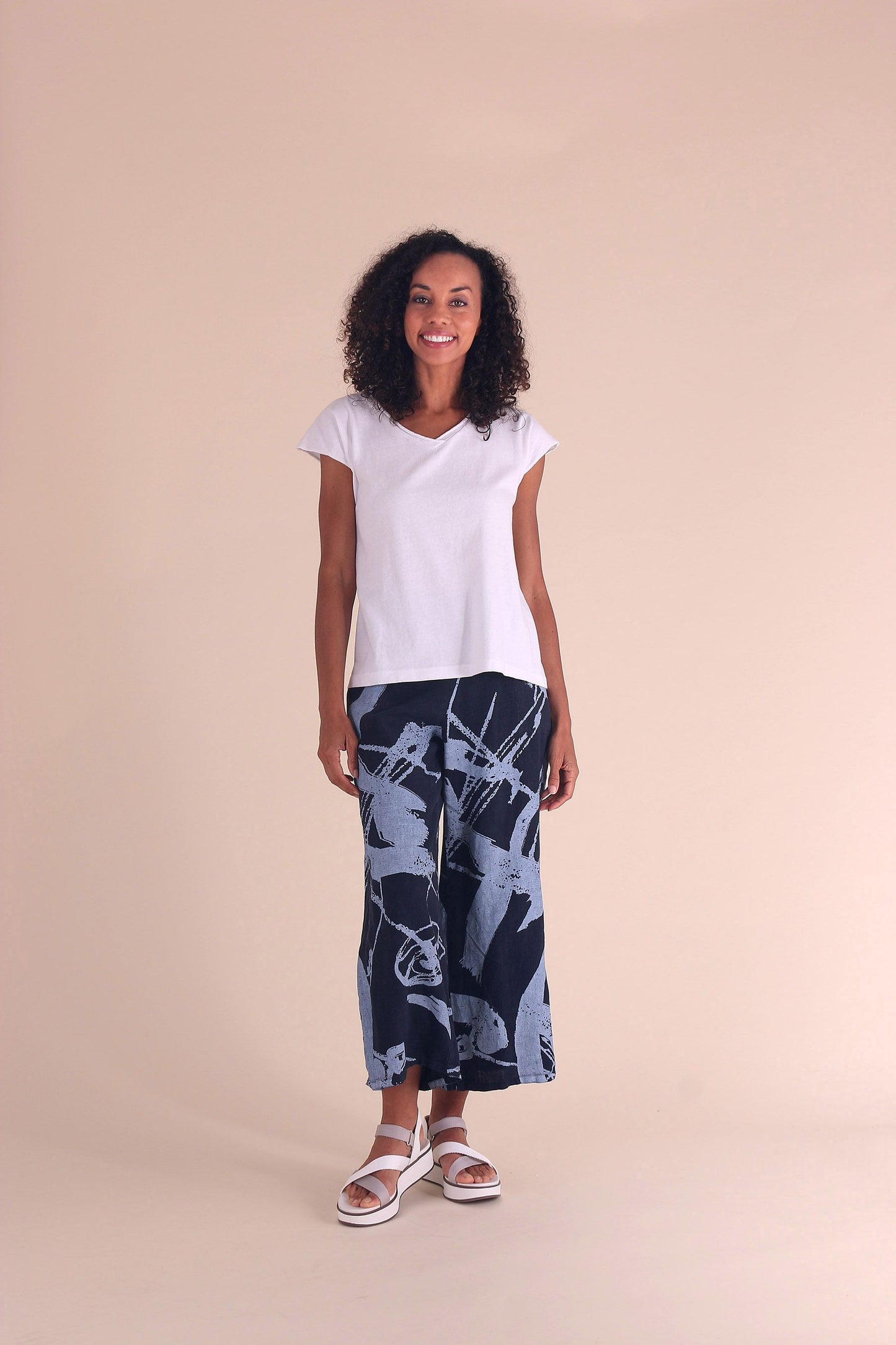 Ink Pattern Linen Flat Front Crop Pant with Adjustable Waist