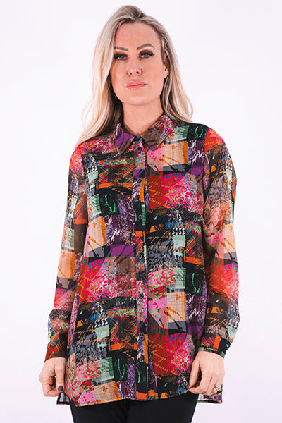 Printed Chiffon Fuchsia Print Button Down