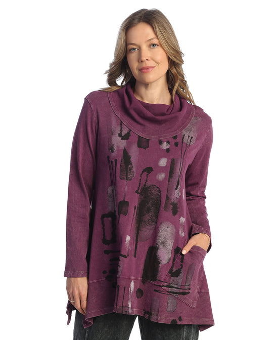 Plum Mineral Washed French Terry Cowl-Neck Tunic