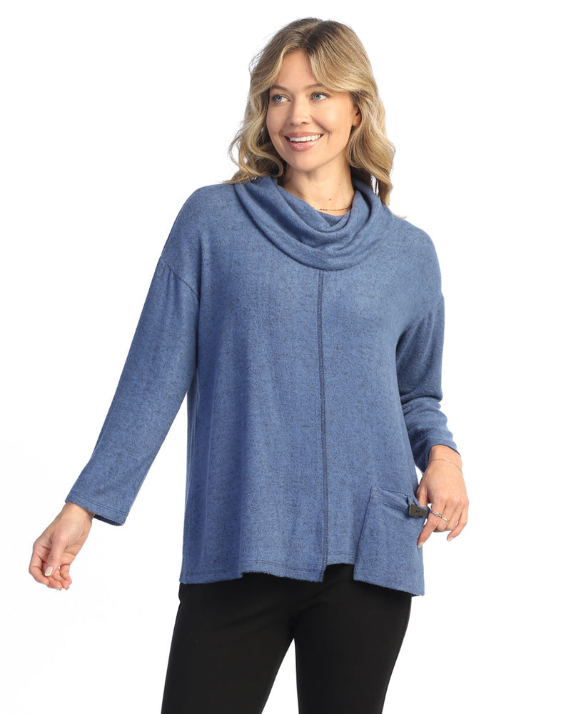 Cobalt Soft-Brushed Knit Tunic with Cowl Neck and Patch Pocket