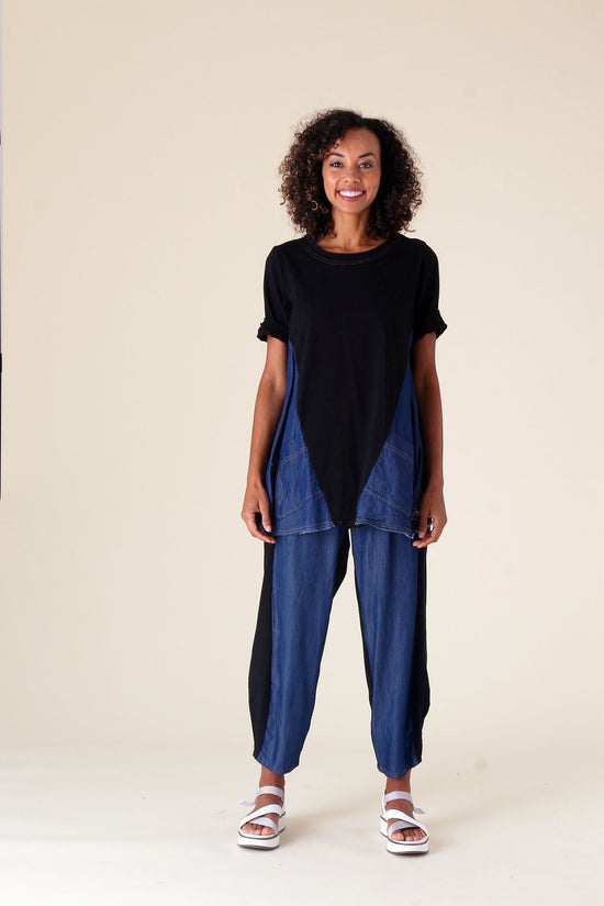 Black with Denim Accents Short Sleeve Top with Pockets
