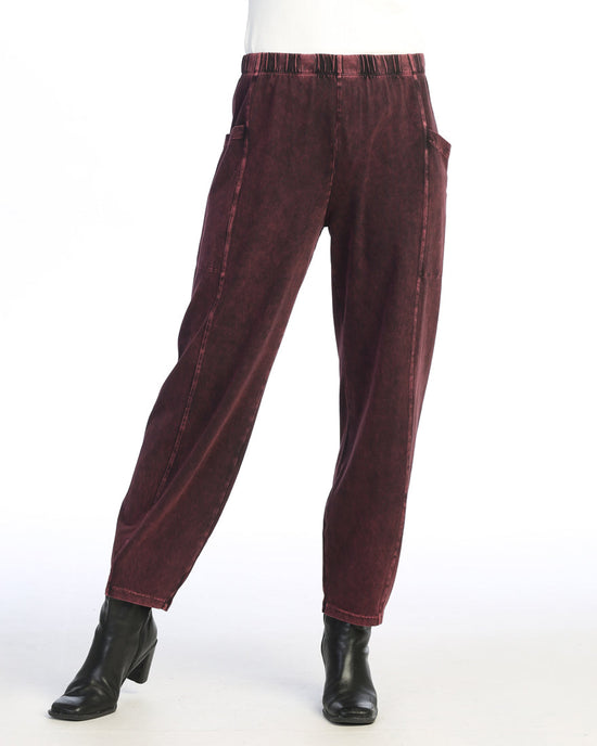 Wine Mineral Washed Cotton Lantern Pants With Side Patch Pocket