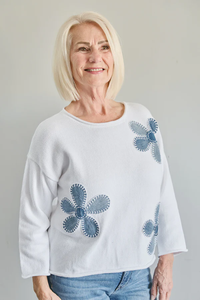 White Floral Knit Sweater with Recycled Denim