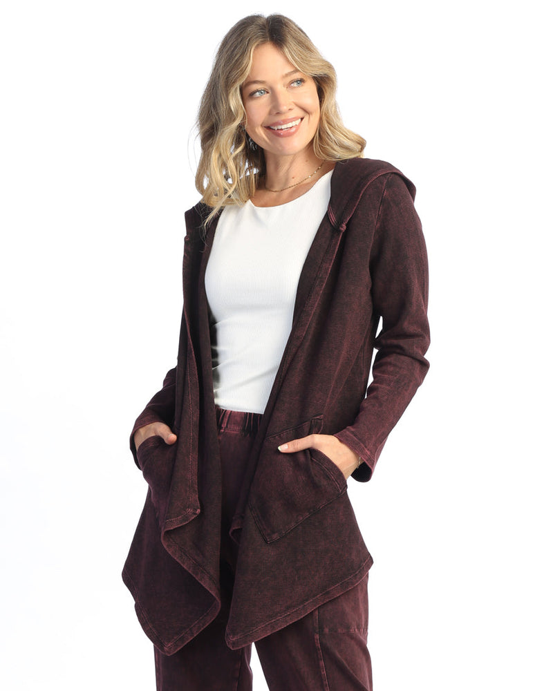 Wine Thermal Cardigan with Patch Pockets and Hood