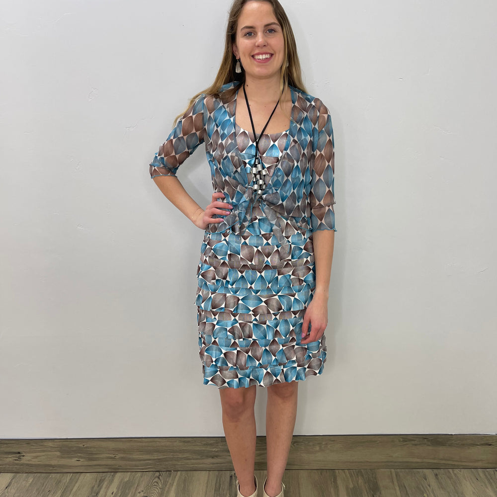 Blue and Brown Almond Sleeveless Ruffle Dress