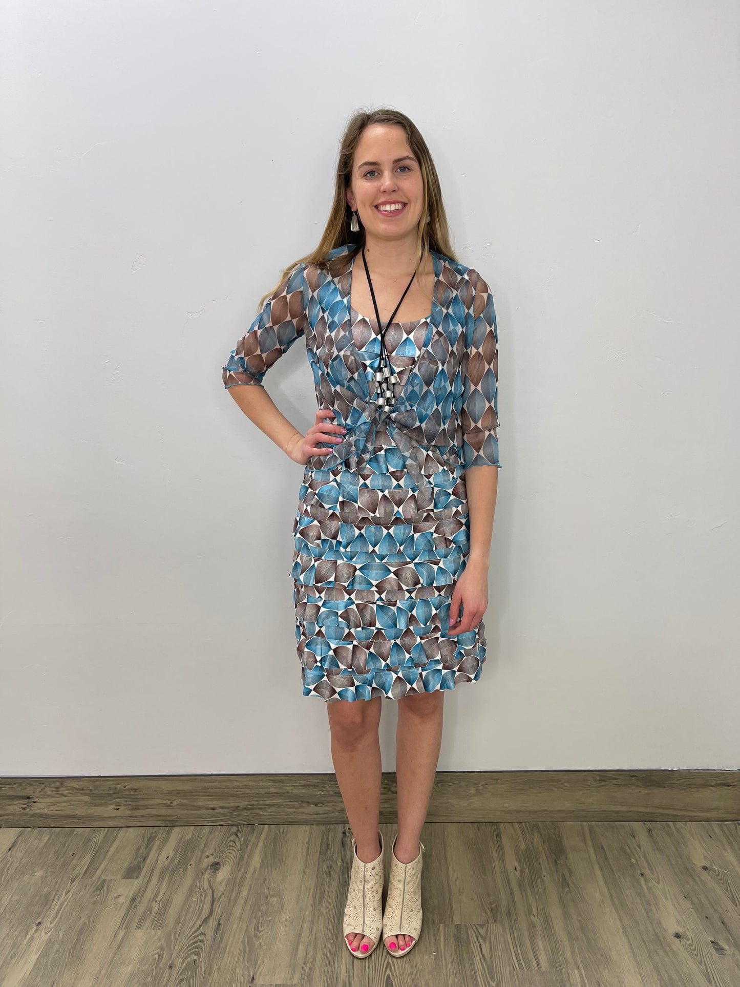 Blue and Brown Almond Sleeveless Ruffle Dress