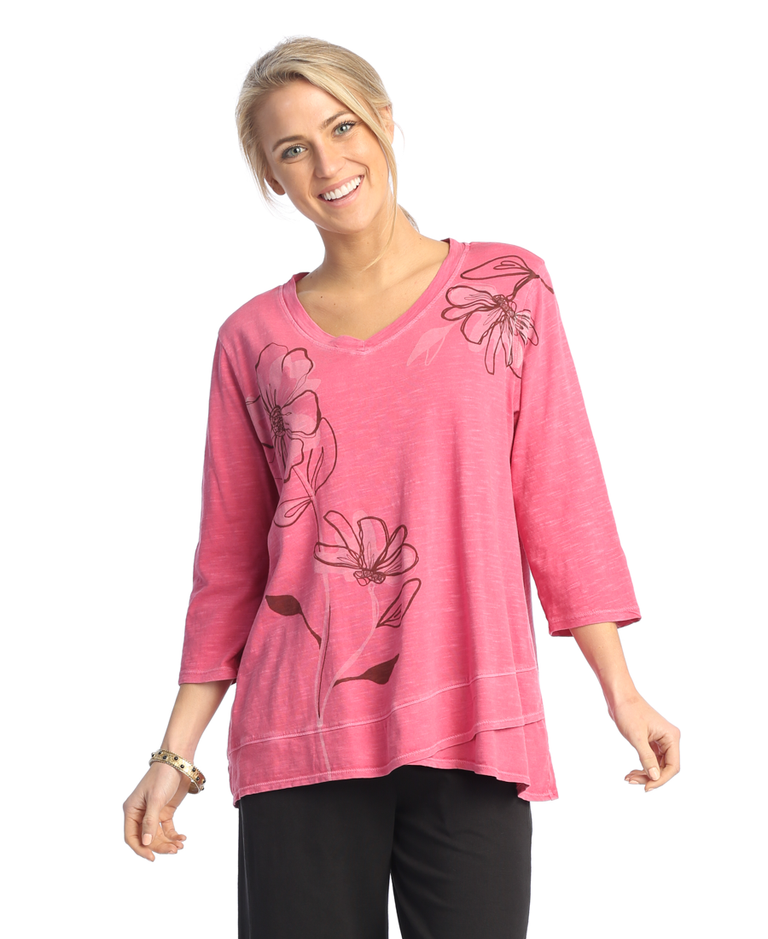 Rosa Pink Garment Dyed Cotton Slub V-Neck Tulip Hem Top