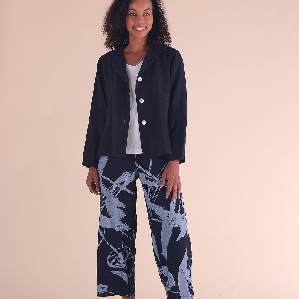 
                  
                    Ink Pattern Linen Flat Front Crop Pant with Adjustable Waist
                  
                