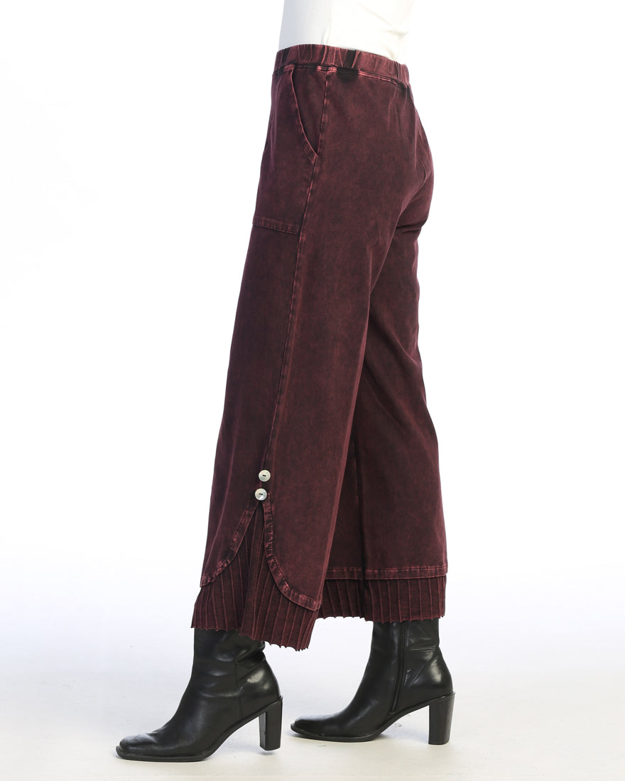 Wine Mineral Washed Wide Leg Pant with Rib Contrast