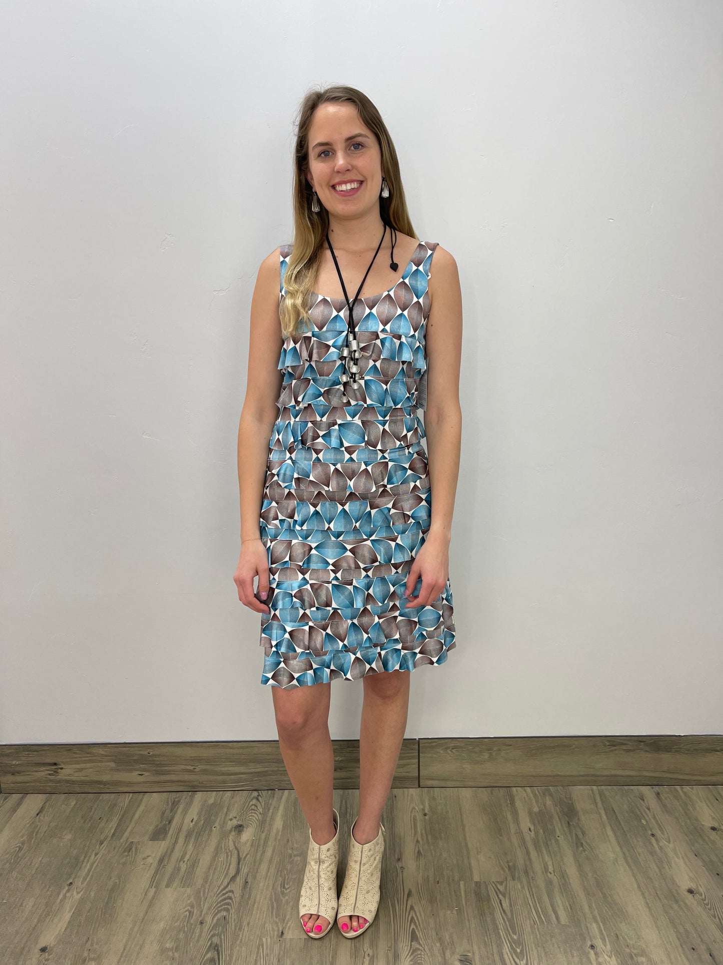 Blue and Brown Almond Sleeveless Ruffle Dress