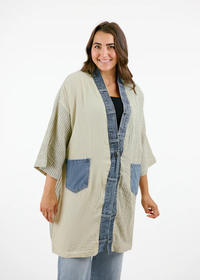 Sand Cotton Gauze Long Cardigan with Denim