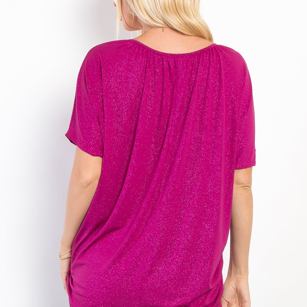 Magenta Short Sleeve Glitter Oversized Top