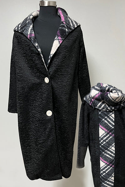 Purple Plaid Long Sleeve Bouclé Coat