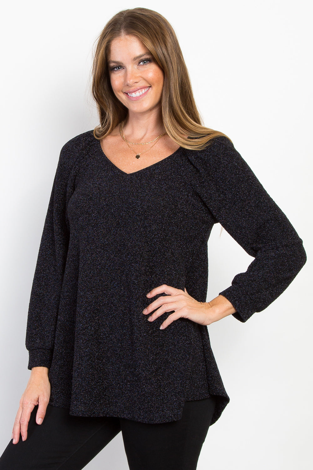 Black Long Sleeve V Neck Top