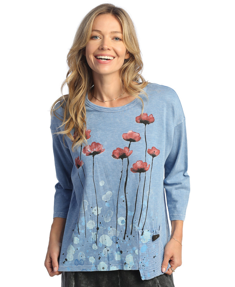 Cornflower Confetti Mineral Washed ¾ Sleeve Cotton Slub Top