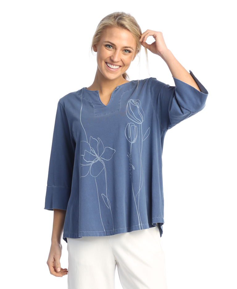 Cobalt Blue Marigold Cotton Jersey Top with Notch Neck