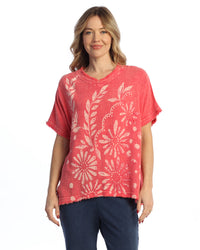 Raspberry Mineral Washed Short Sleeve Gauze Top with Fringe Accents