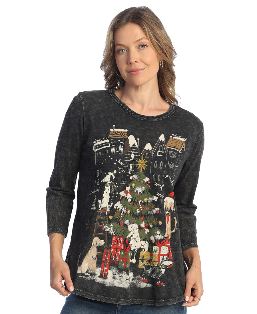Black Mineral Wash Dogs of Christmas A-line Tunic