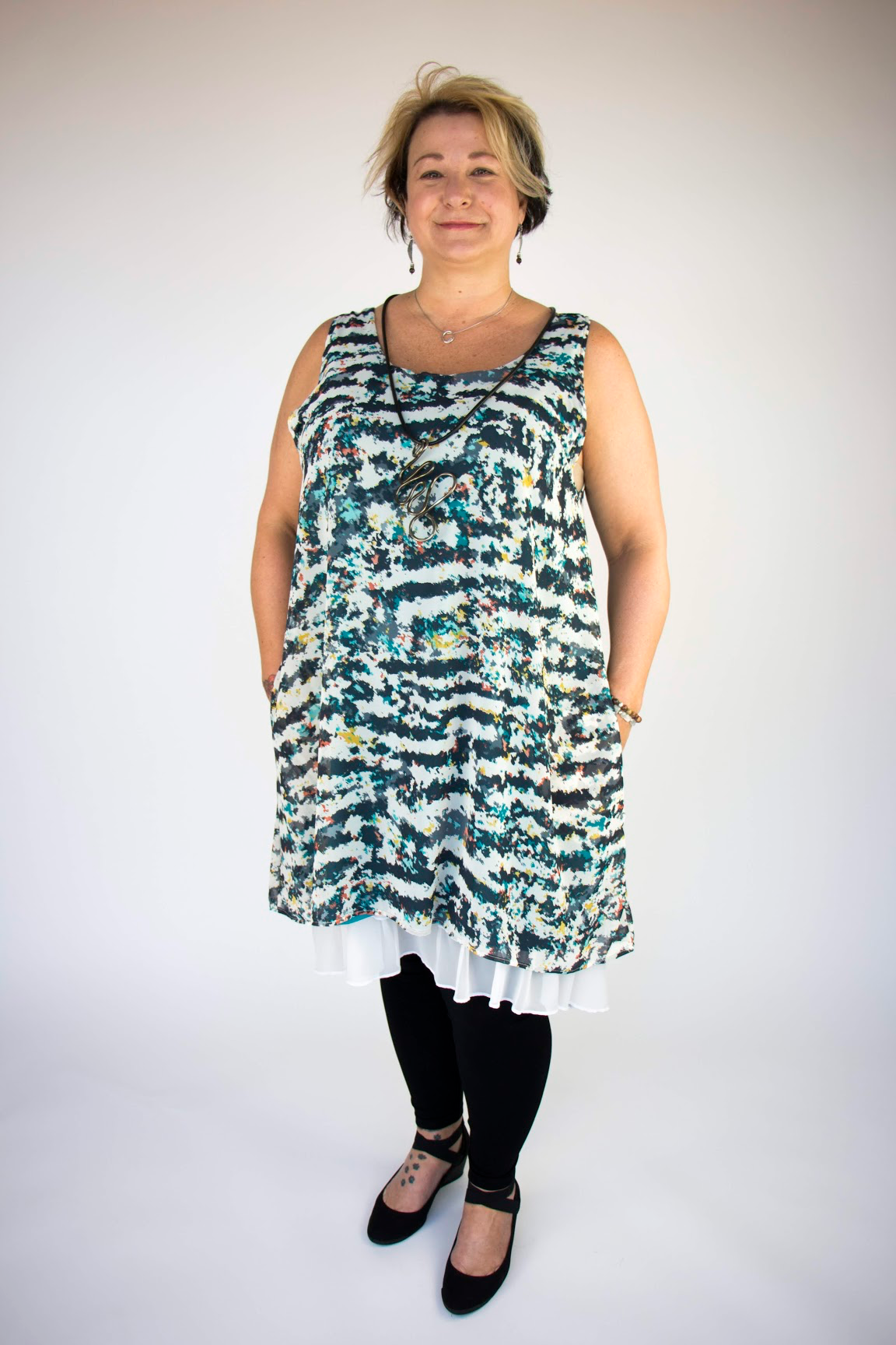 Teal Navy Mix Pattern Chiffon LA Tunic Dress