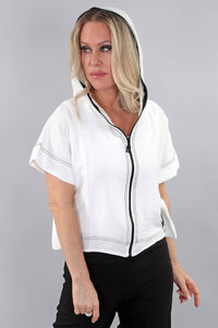 Ivory Short Sleeve Hooded Zipper Jacket