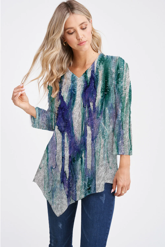 Teal and Purple Asymmetric 3/4 Sleeve Tunic
