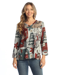 Holiday Novelty Brush 3/4 Sleeve V Neck Top