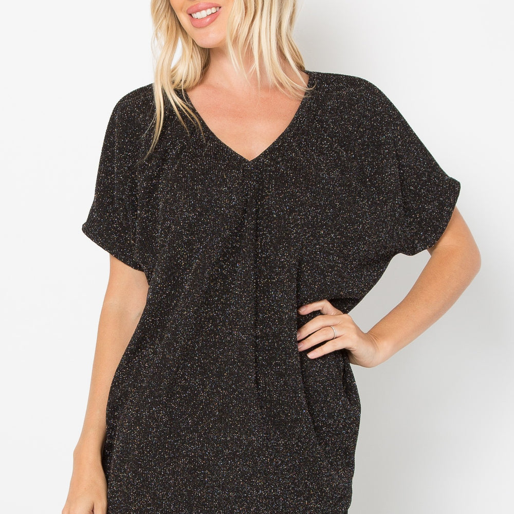 Black Lurex Urban Rib Short Sleeve Dolman Top