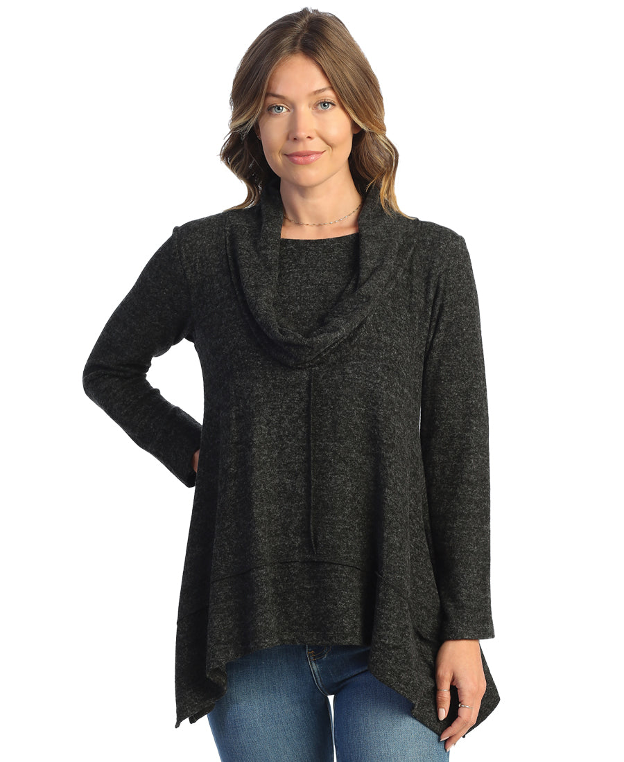 Black Brushed Hacci Tunic Top W/ Center And Hem Stitch Accent