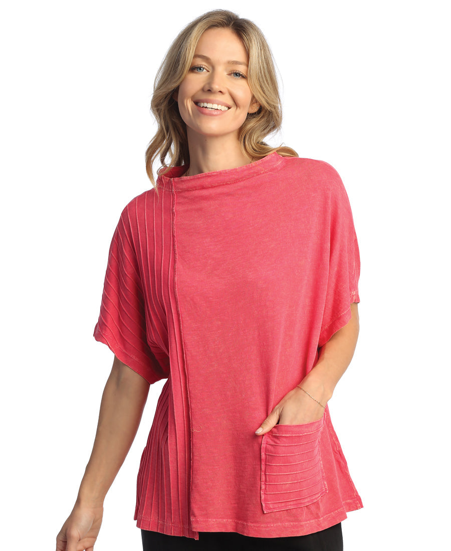 Raspberry Mineral Washed Mock Neck Top With Contrast Rib Front and Pocket