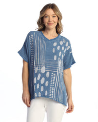 Indigo Mineral Washed Short Sleeve Gauze Top with Fringe Accents