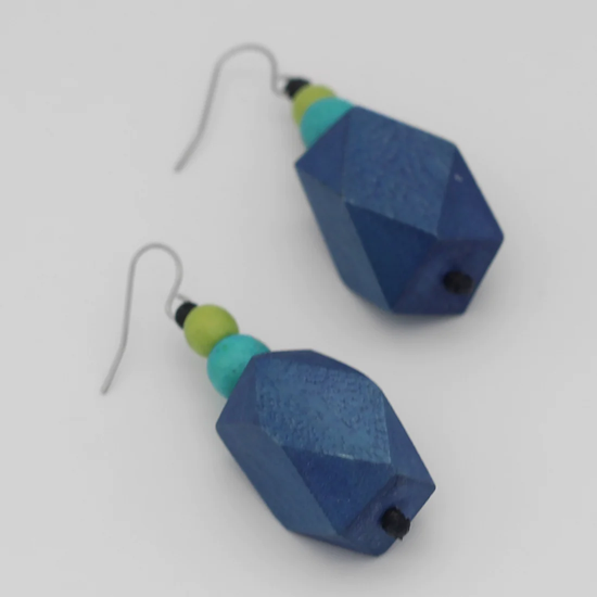Blue and Lime Wood Earrings