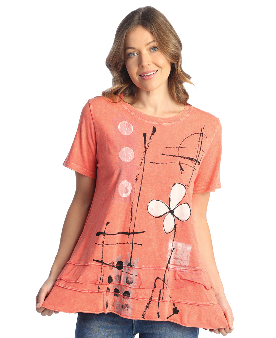 Petals Mineral Washed 100% Cotton Short Sleeve Ruffle Bottom Tunic