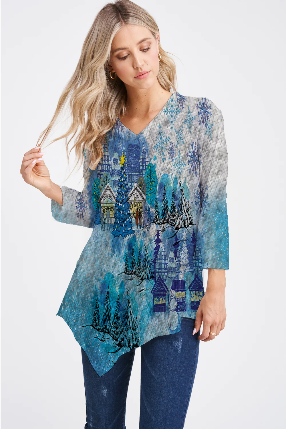 Load image into Gallery viewer, Ice Castle Holiday Asymmetric 3/4 Sleeve Tunic
