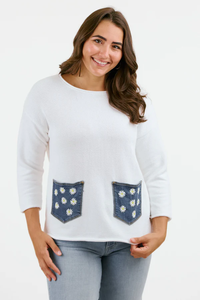 White Daisy Sweater with Recycled Denim