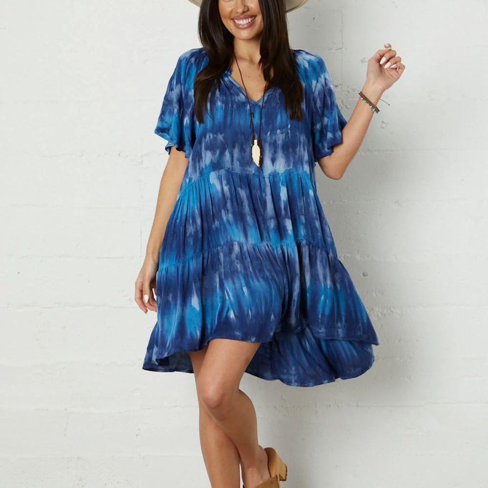 Blue Tie Dye Chaya Short Sleeve Dress