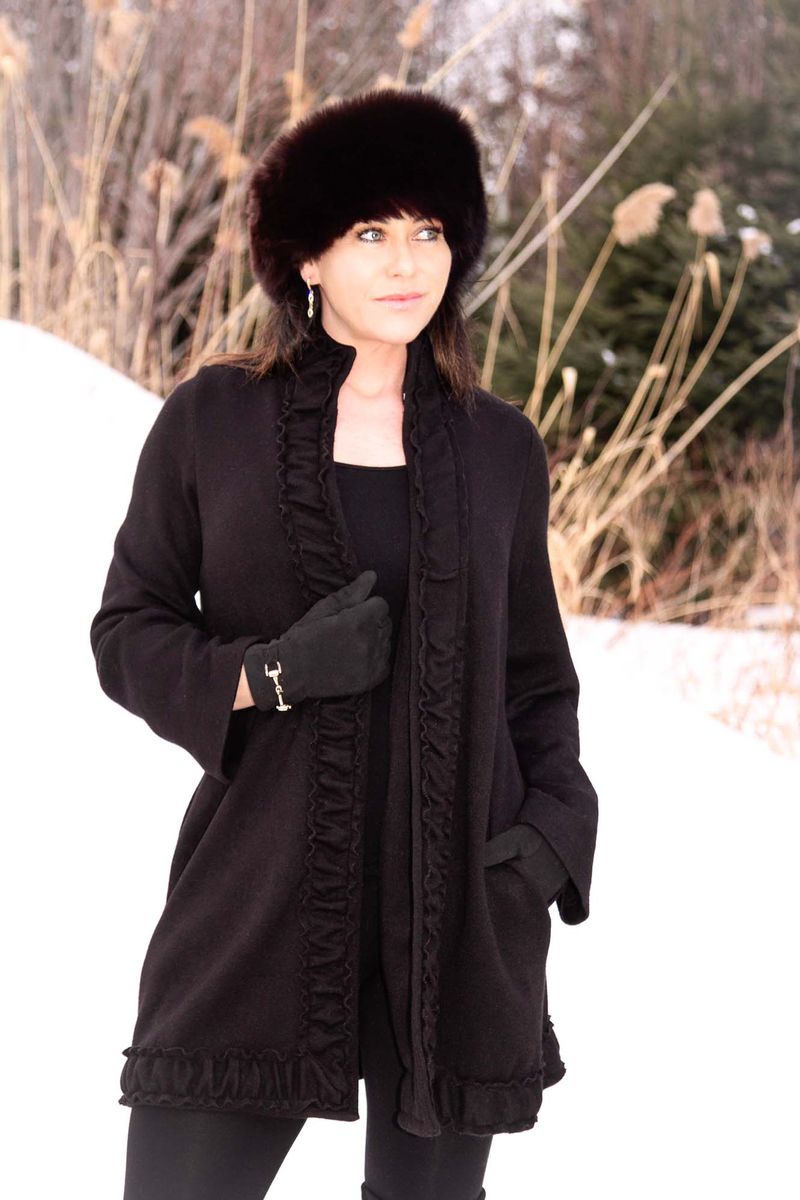 Black Long Sleeve Ruffle Detail Coat