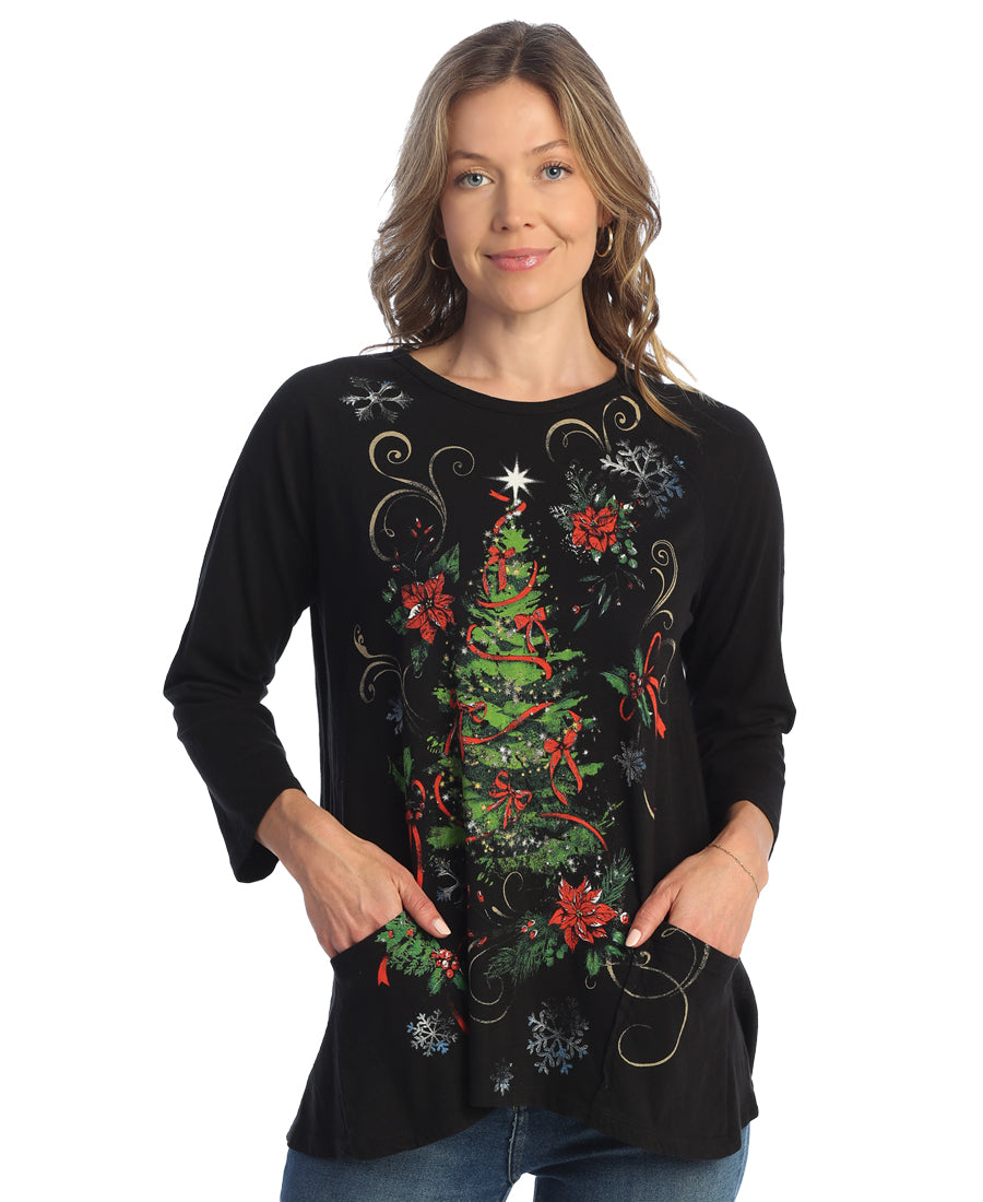 Jet Black Evergreen Christmas Cotton Slub Tunic with Pockets