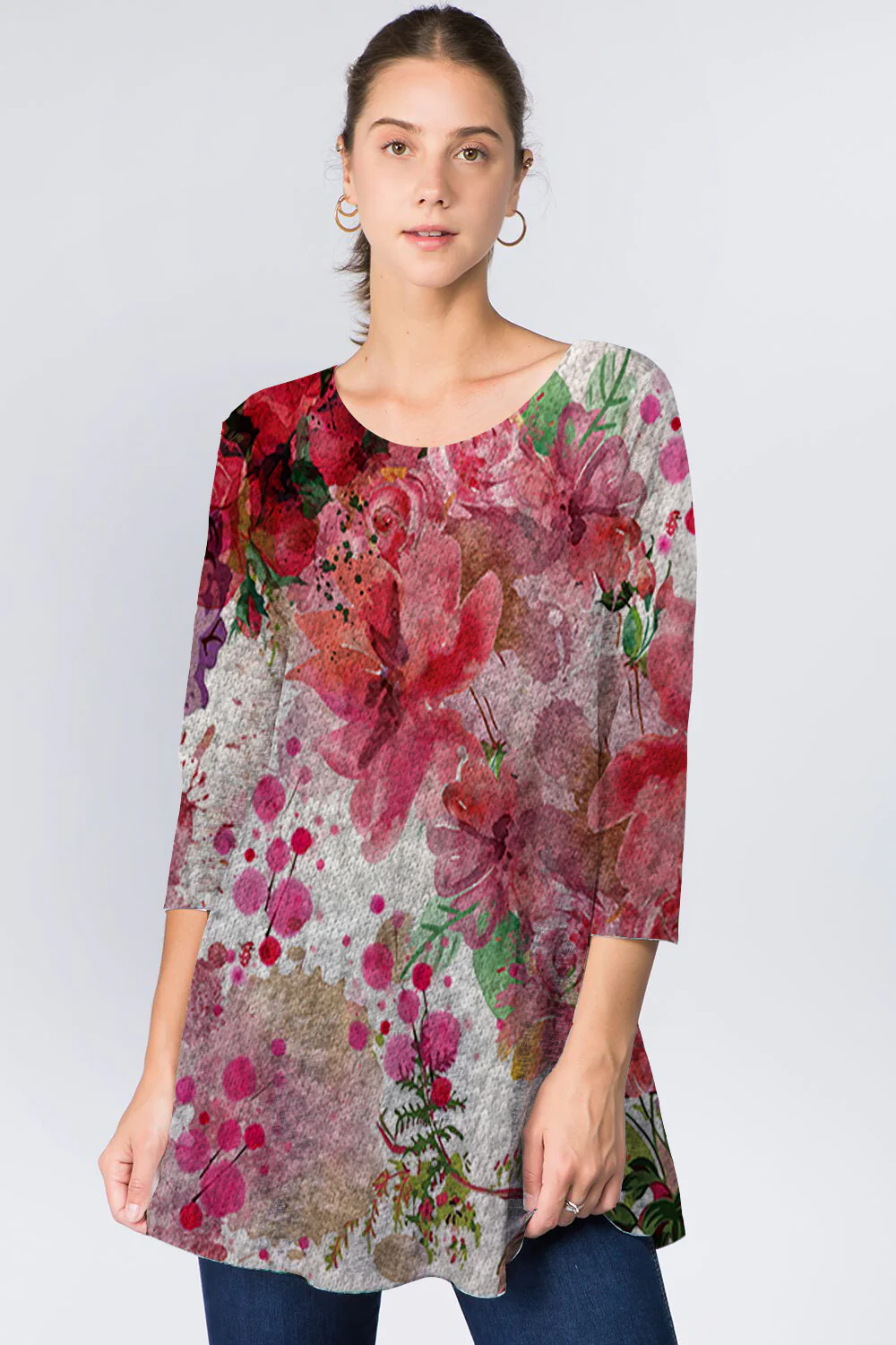 Pink Floral Pattern 3/4 Sleeve Hacci Tunic