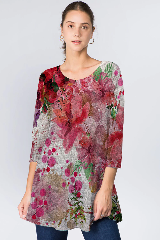 Load image into Gallery viewer, Pink Floral Pattern 3/4 Sleeve Hacci Tunic

