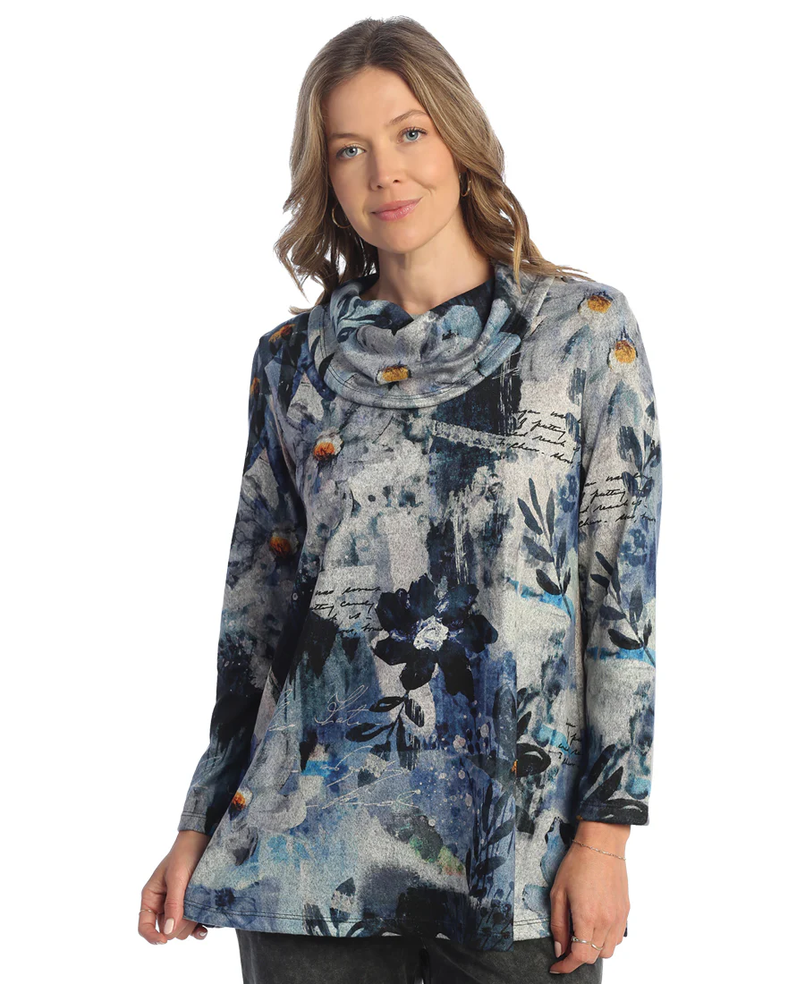 Floral Pattern French Brushed Knit Top with Cowl Neck