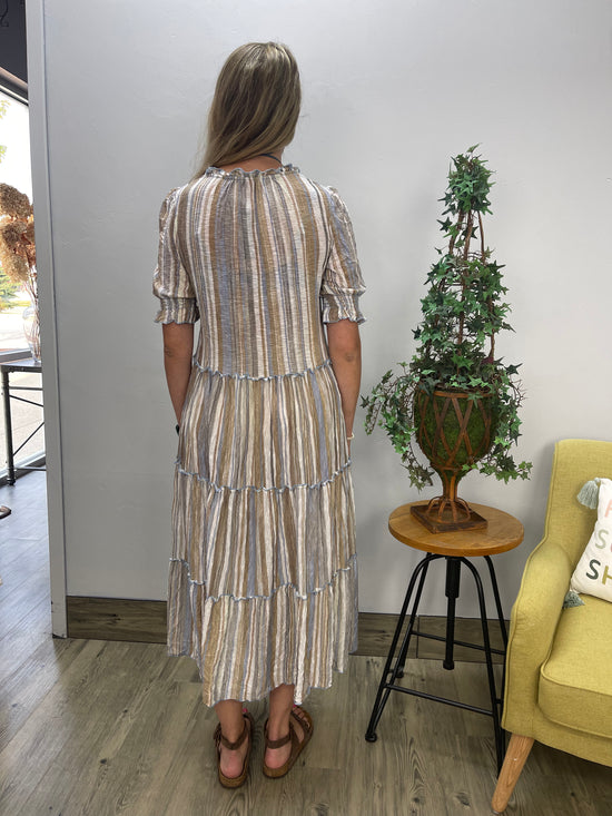 Desert Three Tier Stripe Dress with Lettuce Edging