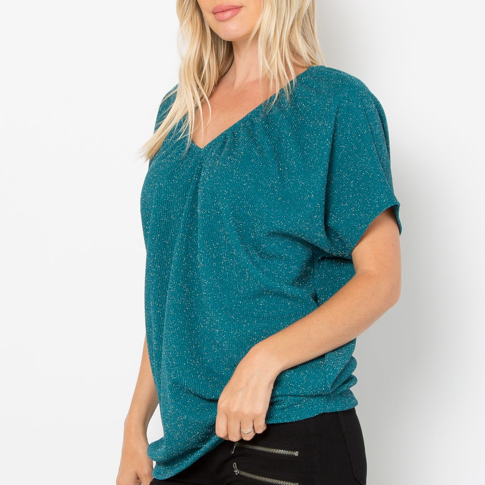 Teal Green Lurex Urban Rib Short Sleeve Dolman Top