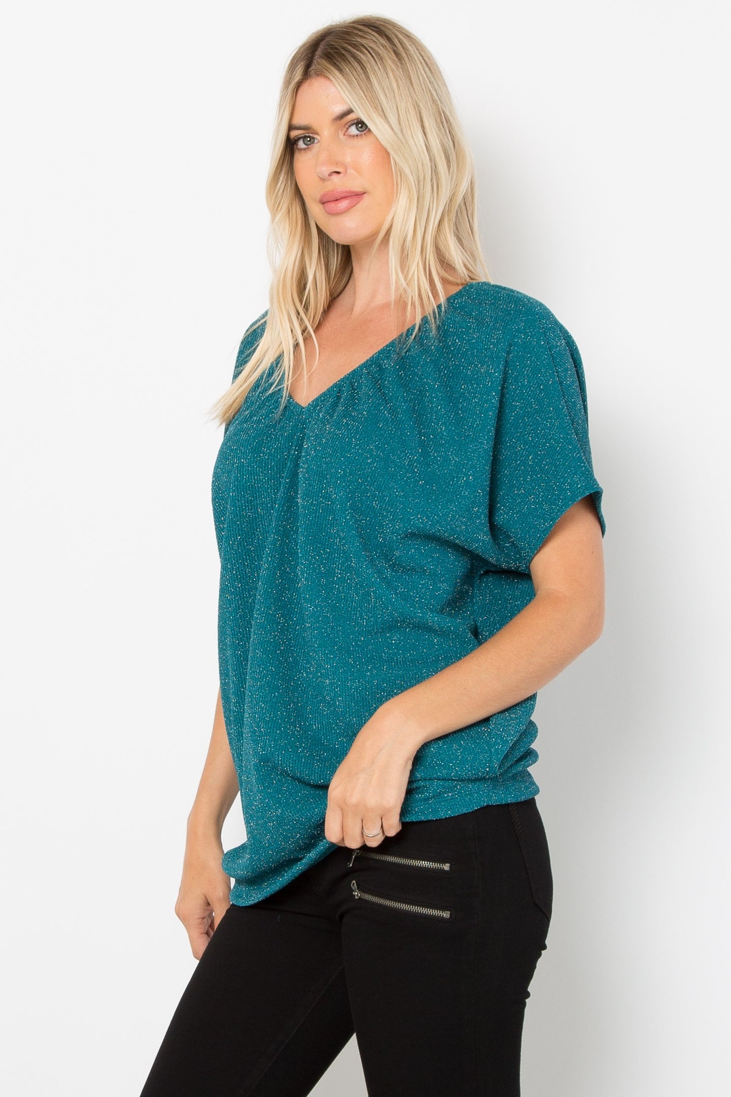 Teal Green Lurex Urban Rib Short Sleeve Dolman Top