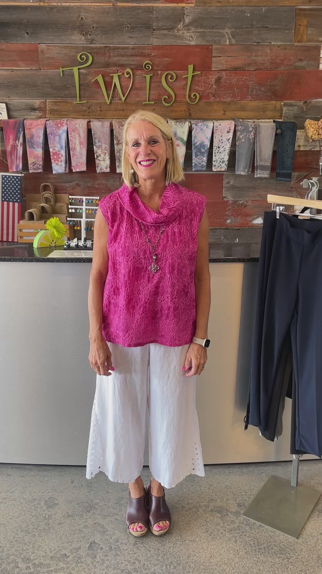 Fuchsia Cotton Burnout Floral Detail Sleeveless Cowl Neck Top