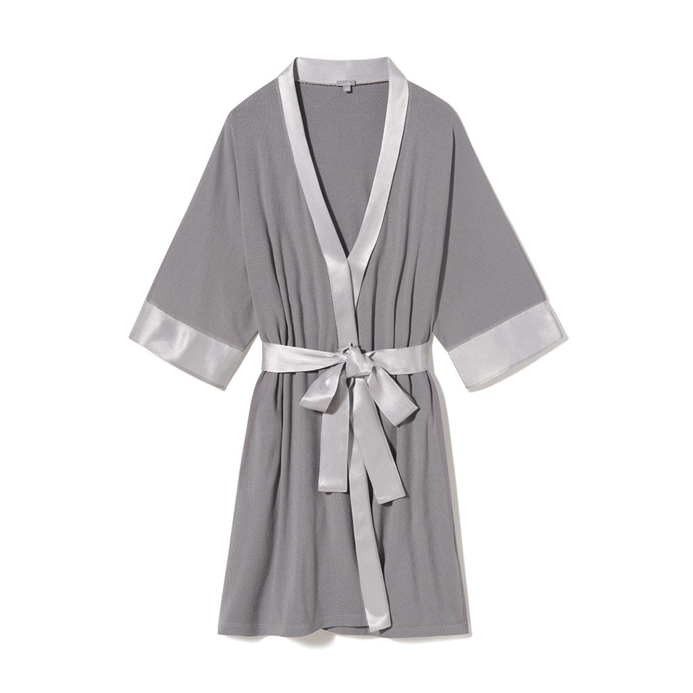 Shala Rib Knit Robe With Satin Belt And Trim - Dark Silver