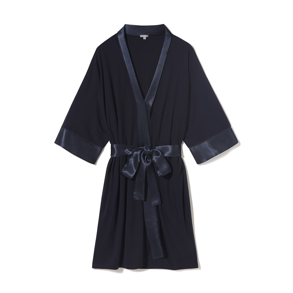 Shala Rib Knit Robe With Satin Belt And Trim - Navy