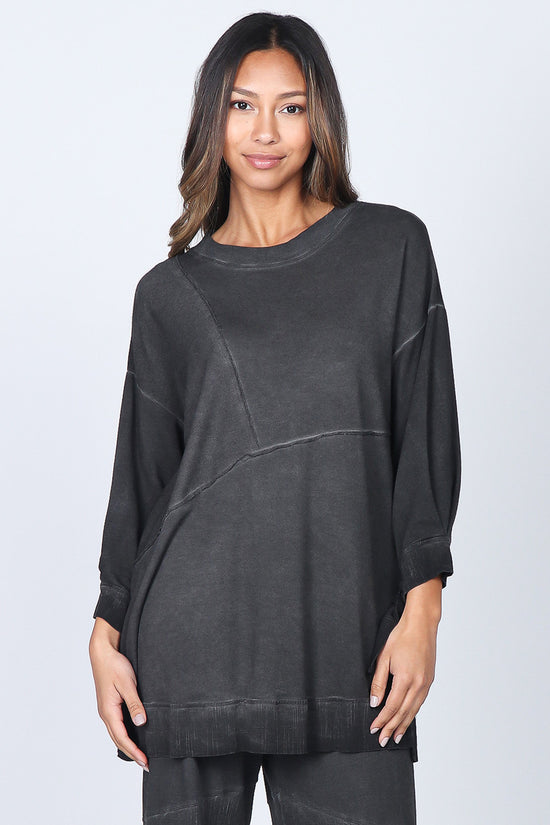 Oil Washed Baby French Terry with Asymmetric Raw Hem - Caviar