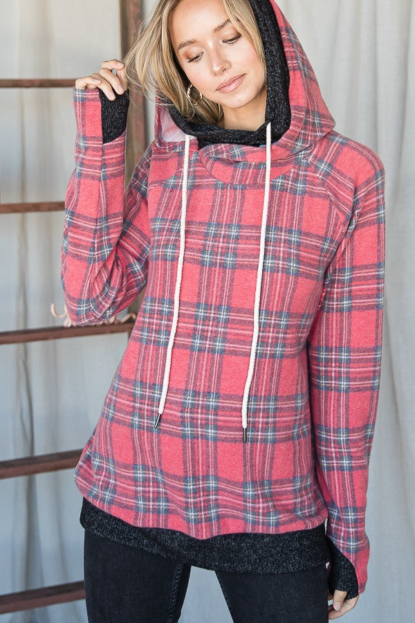 VT26558 Cashmere Brushed Plaid Hoodie Top