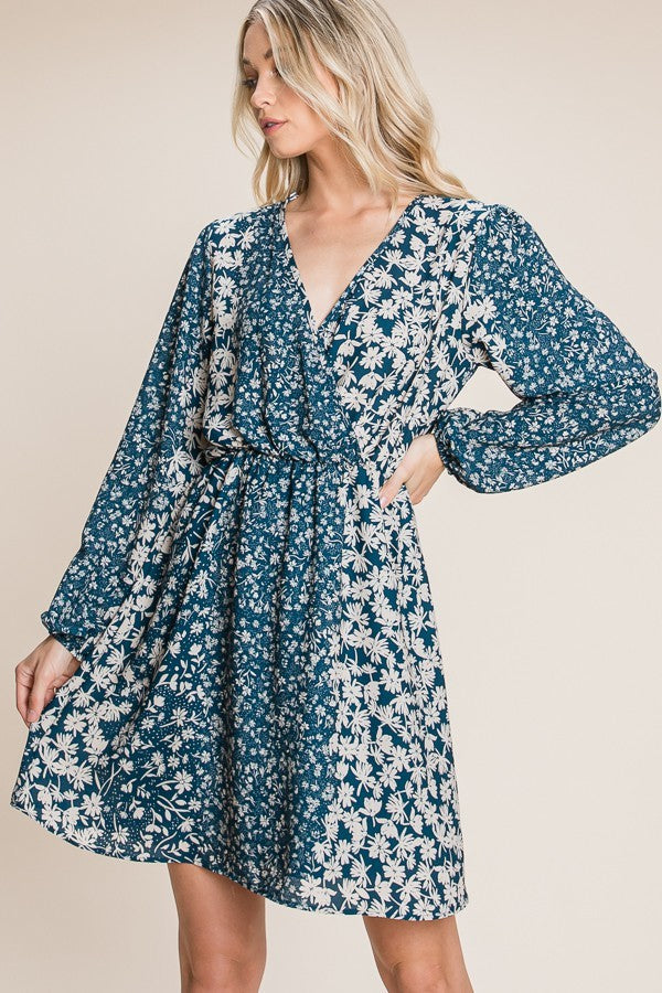 VD42038 Long Sleeve Woven Mini Dress - Teal
